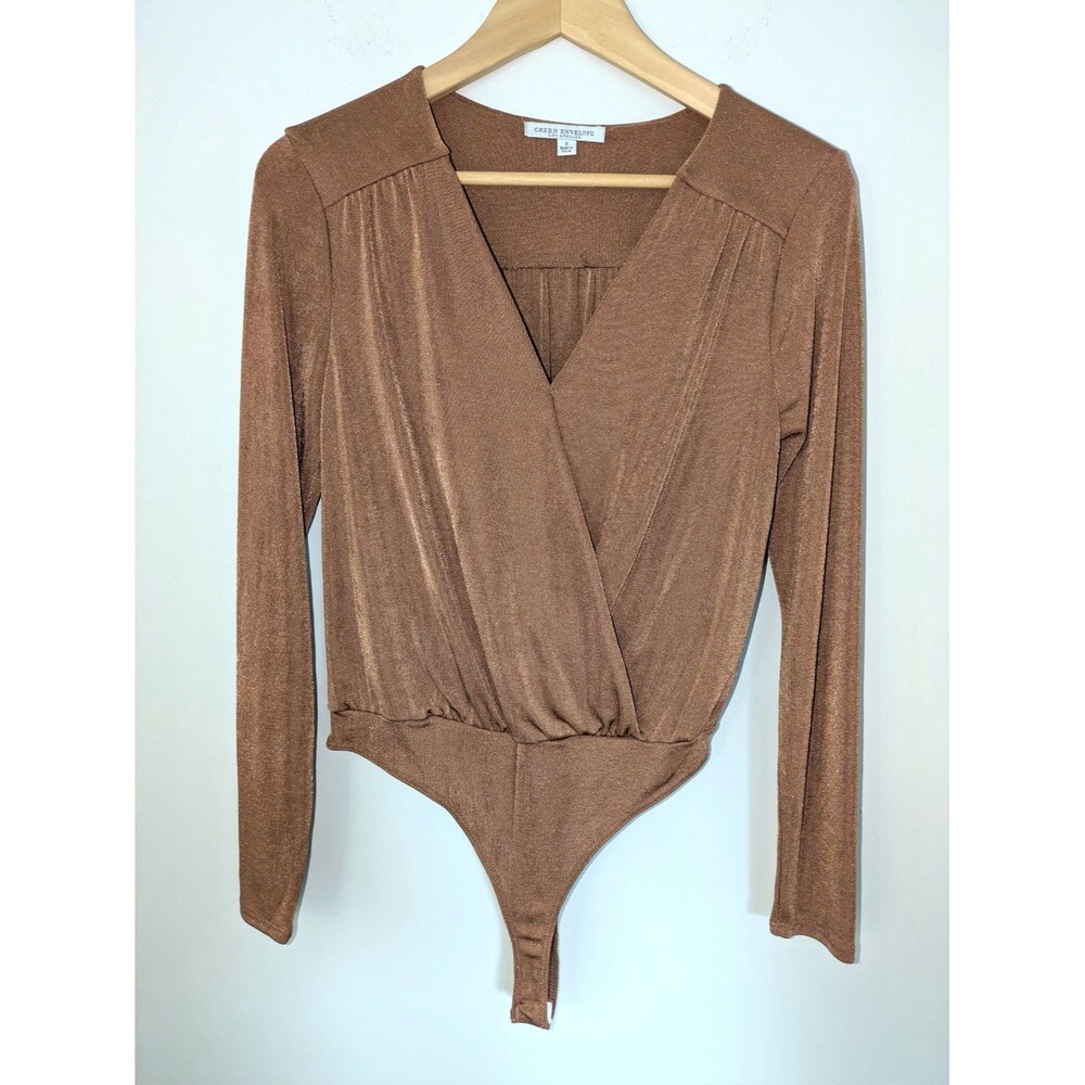 Long-Sleeve V-Neck Thong Snap Wrap Front Soft Balletcore Bodysuit Clay SZ S